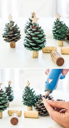 two pictures of small pine trees with corks on them and one is being used to make