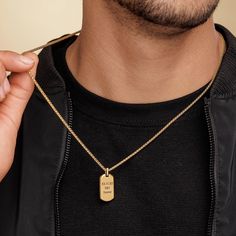 Looking for a gift for your man? You've found the perfect item for this! Introducing our stylish Stainless Steel Necklace for Men with a sleek Rectangle Disc Pendant that can be personalized with your special engraving. This versatile necklace is an essential accessory for any modern gentleman. Crafted with high-quality stainless steel, it offers durability and a polished finish that is both sophisticated and timeless. The rectangular disc provides the perfect canvas for your chosen engraving, m Gold Dog Tag Necklace For Father's Day, Father's Day Anniversary Dog Tag Necklace, Gold Dog Tag Jewelry For Father's Day, Father's Day Gold Dog Tag Jewelry, Everyday Dog Tag Necklace For Father's Day, Minimalist Dog Tag Necklace For Father's Day, Father's Day Dog Tag Necklace With Engraving Option, Classic Dog Tag Jewelry For Father's Day, Classic Father's Day Dog Tag Jewelry