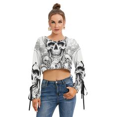 Skull Pile Long Sleeve Cropped Sweatshirt With Lace up Long Sleeve Cropped Top, A Skull, Terry Fabric, Cropped Sweatshirt, French Terry Fabric, Crop Sweatshirt, Cropped Top, French Terry, Black Lace