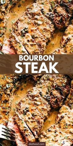 grilled bourbon steak on a skillet with a fork in it and the words bourbon steak