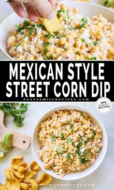 mexican style street corn dip in a white bowl with tortilla chips on the side