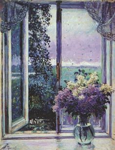 a painting of flowers in a vase on a window sill with an open window