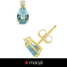 in stock Macy's 14k Gold Earrings With Prong Setting, Macy's 14k Gold Diamond Earrings For Formal Occasions, Formal 14k Gold Diamond Earrings By Macy's, Aquamarine, Yellow Gold, Stud Earrings, Yellow, Gold