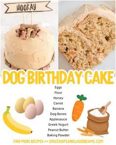 an advertisement for a dog birthday cake with images of dogs, carrots, bananas and eggs