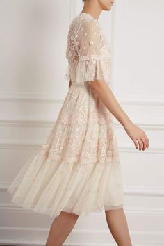 Feminine Floral Embroidered Lace Wedding Dress, Feminine Floral Embroidery Lace Wedding Dress, Spring Tulle Lace Dress For Garden Party, Spring Garden Party Lace Dress With Tulle, Spring Garden Party Lace Dress In Tulle, Summer Embellished Tulle Dresses, Summer Embellished Lace Midi Dress, Spring Wedding Guest Dress With Delicate Lace, Spring Wedding Guest Lace Dress With Delicate Lace