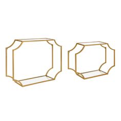 two gold - plated glass shelves with mirrors on each side, one in the shape of an octagon