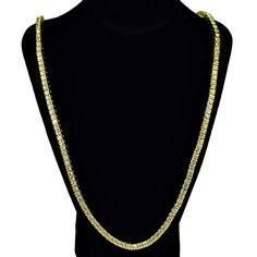 Men's one row tennis chain necklace. Bling chain measures 30" long x 5MM wide. Gold finish over high quality base metal. Stylish box clasp closure to lock your chain. Solid chain has weight to it at 95 grams. Features 170 bling stones for a stunning piece that shines bright. Enjoy 100% FREE SHIPPING in USA. Ice Necklace, Tennis Chain Necklace, Tennis Chain, Box Clasp, Tennis Necklace, Hip Hop Jewelry, Silver Man, Base Metal, Gold Finish