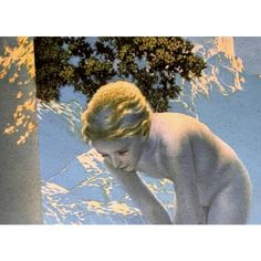 a painting of a woman bending over to look down at her hands and head, with trees in the background