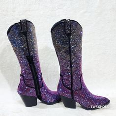 Stunning Country Western Knee Boots By Yours Forever Super Sparkle Purple Multi Rhinestone Boots Western Cut 3" (Approx.) Heels Half Side Zipper For Easy Usage Top Finger Pulls To Help Slip Them On. Top Opening Approx. 14" On Size 7 And Will Go Up As Sizes Do. Brilliant Coloring Definite Head Turners Brand New In Box Trendy Silver Boots With Bling, Silver Leather Boots With Rhinestones, Purple Cowgirl Boots, Purple Cowgirl, Purple Cowboy Boots, Shoes Western, Sparkly Boots, Rhinestone Boots, Sparkly Flats