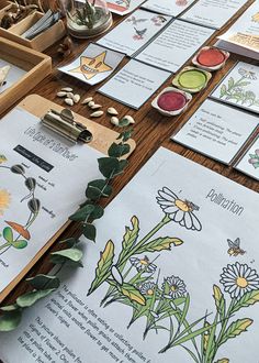 several cards with flowers and plants on them sitting on a table next to other items