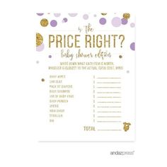 the price right baby shower game with gold confetti and purple dots on it