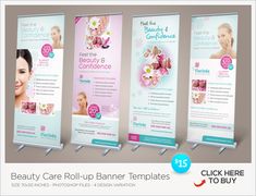 three roll up banners for beauty care and hair salons, with pink flowers on them