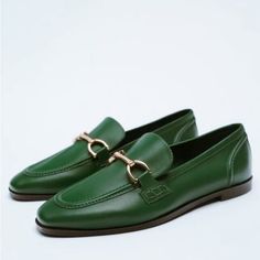 Green Zara Soft Leather Gold Hardware Trim Slip-On Round Loafers (Nwt) Euc 36 Euc 37 Beautiful Shoes Elegant Green Loafers For Business, Elegant Green Loafers For Formal Occasions, Elegant Green Formal Loafers, Classic Green Loafers With Brogue Detailing, Zara Slip-on Flats For Work, Green Loafers For Business In Spring, Classic Green Leather Shoes With Pointed Toe, Green Slip-on Loafers For Office, Green Loafers For Formal Fall Occasions