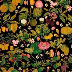 an image of a flower and fruit pattern on black background with oranges, pinks, yellows, and green leaves