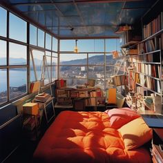 a bed sitting in a bedroom next to a window filled with books