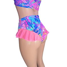 Ruffle Bikini Bottom High-Waisted Cheeky Hot Pants in Rainbow Vapor - Peridot Clothing High Waist Shorts For Cheerleading In Summer, Flirty Bottoms With Built-in Shorts And Stretch, Fitted High Waist Shorts For Club, Fitted High Waist Club Shorts, Flirty High-waisted Fitted Shorts, Flirty High Waist Shorts, Stretch Rave Shorts, Fitted Party Bottoms With Built-in Shorts, Fitted Pants With Built-in Shorts For Party