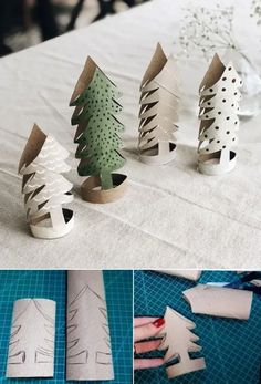 paper christmas trees are cut out and placed on a cutting board, then put together to make them look like they're coming out of the woods