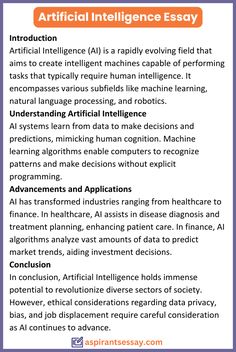 Essay on Artificial Intelligence in English (150, 200, 250, 500 Words) | More samples are on the blog for students to get different essay writing idea. Click on the image & explore. English Essay Sample, Ielts Grammar, English Essays, Common App, Common App Essay, 500 Word Essay, Essay Samples, Essay Format