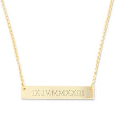 Commemorate a special day with this Roman Numeral Date Gold Bar Necklace. Keep your memory of a wedding  anniversary  birthday or graduation close to you in a stylish way with this 1 1/4 by 1/4 inch gold plated sterling silver bar necklace. Choose your date to be engraved on this petite gold bar that hangs perfectly from a 16 inch rolo chain with a 2 inch extender. Your date will be translated into roman numerals an engraved  for you to wear it in style.  Details: • Gold Bar • Roman Numeral Engr 14k Gold Bar Necklace, Date Bar, Roman Numerals Dates, Sterling Silver Bar Necklace, Date Bars, Coordinates Jewelry, Rose Gold Bar, Silver Bar Necklace, Gold Bar Necklace