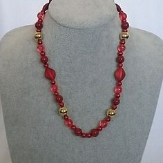 New With Tags This Custom Handmade Red And Gold Beaded Necklace Is 18 Inches Long And Has A Lobster Clasp Closure. Made Of Acrylic And Glass Beads And Is Very Lightweight. This Necklace Has A Matching Bracelet And Earrings. Heart Stone Necklace, Gold Herringbone Chain, Gold Beaded Necklace, Mesh Necklace, Gold Chain Choker, Fire Opal Necklace, Vintage Beads Necklace, Opal Pendant Necklace, Necklace Beads