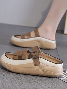 Trendy Synthetic T-strap Sandals With Round Toe, Beige T-strap Sandals With Round Toe For Beach, Beige T-strap Sandals For The Beach, Beige Round Toe T-strap Sandals For Beach, Trendy Beige Slingback Sandals With Flat Heel, Beige Flat Heel Mules For Spring, Spring Beige Flat Heel Mules, Beige Flat Slingback Sandals With Buckle, Beige Closed Toe T-strap Sandals For Summer