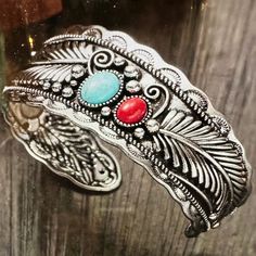 Handcrafted Feather and Stone Bracelet, Boho Silver and Gold Plated, Turquoise and Coral Stone Cuff Bracelet, Native American Adjustable Size Ships in Gift Box FAST shipping Bracelet Gift Box, Wrist Candy, Turquoise And Coral, Native American Turquoise, American Turquoise, Handcrafted Bracelets, Coral Stone, Bracelet Boho, Boho Designs