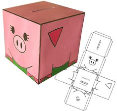 a paper box with a pig face cut out from it and an origami piece to the side