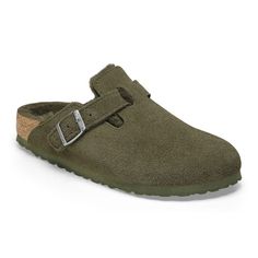 Boston Shearling Suede Leather Thyme | BIRKENSTOCK Casual Shearling Slip-on Mules, Winter Suede Clogs With Textured Footbed, Casual Sheepskin Slip-on Clogs, Winter Clogs With Suede Lining And Comfortable Style, Winter Clogs With Suede Lining, Winter Suede Slip-on Clogs, Winter Comfortable Clogs With Suede Lining, Winter Suede Clogs, Winter Slip-on Suede Clogs