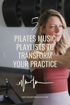 a woman in a red top and white skirt with the words pilates music plays to transform your practice