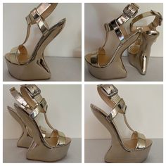 Curve Jem Sculpted Heel Sandals From Giuseppe Zanotti. Gold. Leather Upper. Leather Sole. Gold-Tone Hardware. Branded Insole. Open Toe. Buckle-Fastening Ankle Strap. High Sculpted Heel And Platform Sole. Made In Italy Msrp $915 Condition: Sample/Floor/Display Item...New With Box...In Excellent Condition!!!...Purchased From A High End Fifth Avenue Store... Blackline On Inside Label Done By The Department Store To Prevent Illegal Store Return. Modern High Heel Sandals For Cocktail, Modern Wedge Sandals For Party, Modern Party Wedge Sandals With Wrapped Heel, Modern 4-inch Heel Party Sandals, Luxury Pointed Toe Sandals For Party, Designer Sandals With 4-inch Heel For Gala, Gold Wedge Sandals With Wrapped Heel For Evening, Designer High Heel Sandals For Gala, Modern Open Heel Wedge Sandals For Evening