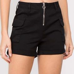 High Waisted Front Zipper Side Pockets Cargo Black Shorts With Folded Detailing. Nwt, Sz S Trendy Black Bottoms With Side Zipper, Casual Black Pants With Side Zipper, Casual Black Shorts With Zipper Closure, Black Utility Bottoms With Zipper Closure, Black High Waist Utility Shorts, Black Bottoms With Zipper Closure For Spring, Edgy Short Bottoms With Zipper Closure, Edgy Shorts With Zipper Closure, Black Cargo Shorts For Spring