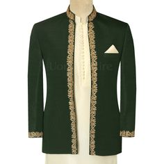 Deep Green Prince Pakistan with Shalwar Kameez buy online In USA Boski Shalwar Kameez Men, Green Prince Coat, Prince Coat, Raw Silk Fabric, White Kurta, Men Fashion Casual Shirts, Hand Work Embroidery, Rich Green, Shalwar Kameez