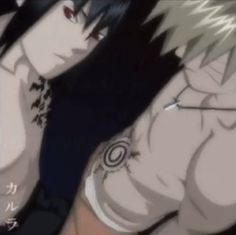 two anime guys with tattoos and piercings on their arms, one is looking at the camera