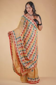 "Beige Hand Embroidered Lambani work Saree with blouse | Tusshar Silk Saree | Hand Work | Party Wear Silk Saree  Wedding wear saree, party wear saree, lambani work silk saree, hand embroidered saree, hand work saree. This is authentic hand embroidered lambani work Saree. The unique threadlambani embroidery design is entirely handcrafted by our skilled artisans. The most significant aspect of hand embroidery is the beautiful flower motif pattern. The running blouse piece is included with this pre Traditional Embroidered Chanderi Pre-draped Saree, Transitional Pre-draped Saree With Cutdana For Traditional Ceremonies, Traditional Fitted Pre-draped Saree For Navratri, Embroidered Chanderi Pre-draped Saree For Puja, Semi-stitched Chinon Saree With Motifs, Chanderi Pre-draped Saree With Motifs For Puja, Semi-stitched Embroidered Choli For Traditional Ceremonies, Traditional Pre-draped Saree With Zari Work For Transitional Season, Traditional Pre-draped Saree With Cutdana For Festivals