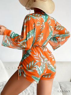 Lasaky - Womens 3-Piece Tropical Print Bikini Set with Halter V Neck, Tie Back, High Cut, and Swimsuit Cover Ups - Stylish Swimwear and Clothing Ensemble Trendy 2-piece Beach Set, Tropical Green Vacation Sets, Two-piece Swimwear For Beach, Trendy Orange Swimwear For Vacation, Stretch Beachwear Sets For Spring, Spring Beachwear Sets With Stretch, Printed Orange Beach Sets, Summer One-piece Beachwear Sets, Summer Two-piece Swimwear For Beach Season