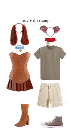 some clothes and accessories are arranged in the shape of a woman's head, ears, nose ring, shirt, skirt, shoes, t - shirt