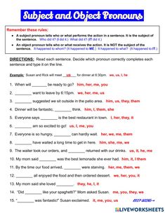 an english worksheet with the words subject and object in each language, including