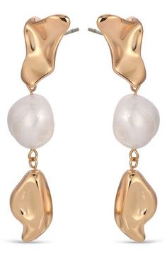 Molten drops frame luminous cultured freshwater pearls on light-catching linear earrings plated in gleaming 18-karat gold. 2 3/8" drop; 3/8" width Pearl size: 8-11mm Post back 18k-gold plate/cultured freshwater pearl Imported Gold Linear Pearl Drop Earrings For Party, Gold Linear Earrings With Pearl Drop For Party, Gold Pearl Dangle Linear Earrings, Gold-tone Pearl Drop Dangle Earrings, Gold Pearl Linear Earrings With Matching Pair, Gold Linear Earrings With Pearl Chain, Gold Teardrop Pearl Linear Earrings, Gold Teardrop Linear Earrings With Pearl Charm, Gold Linear Earrings With Pearl Chain For Party