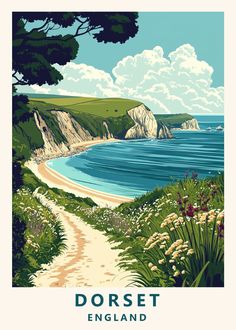 a poster with the words dorstet england on it and an image of a beach