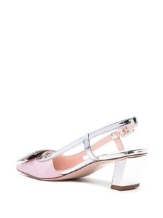 silver-tone/rose pink calf leather patent finish metallic effect logo-buckle detail silver-tone hardware square toe buckle-fastening slingback strap leather lining branded footbed 45mm block heel This item is in size 35½ and the color is Pink Luxury Glossy Slingback Pumps, Luxury Silver Slingback Pumps With Heel Strap, Elegant Pink Open Toe Slingback Sandals, Luxury Pink Open Toe Slingback Sandals, Designer Silver Leather Slingback Pumps, Luxury Pink Slingback Pumps With Heel Strap, Designer Pink Leather Slingback Pumps, Pink Slingback Sandals With Buckle Closure, Pink Luxury Slingback Pumps