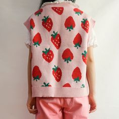 Knitted sweater vest with strawberries all over! S: 17" across shoulders, 41.5" chest, 22" length M: 17.5" across shoulders, 43" chest, 22.5" length L: 18" across shoulders, 44.5" chest, 23" length Strawberry Vest, Knitted Sweater Vest, Dot Tops, Knitted Sweater, Polka Dot Top, Sweater Vest, Strawberries, Knitted Sweaters, Polka Dots