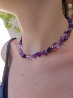 Glass beads and natural Amethyst chip stones are used for this necklace. This beautiful Amethyst handmade necklace, a great gift for yourself and a loved one.. Used material: Amethyst chip stones and gold plated apparatus. Handmade Amethyst Crystal Necklace For Gift, Lavender Gemstone Beaded Necklaces As Gift, Lavender Gemstone Beaded Necklaces For Gift, Amethyst Stone Necklaces For Gifts, Lavender Gemstone Beads Necklace For Gift, Adjustable Amethyst Crystal Necklace, Amethyst Stone Necklace For Gift, Purple Amethyst Necklace With Raw Stone, Lavender Amethyst Necklace With Stones