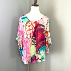 Butterfly Sleeves Scoop Neck Colorful Abstract Design New Item Never Worn Karen Kane, Butterfly Sleeves, Colorful Abstract, Sheer Blouse, New Item, Abstract Design, Pink Blue, Scoop Neck, Top Blouse