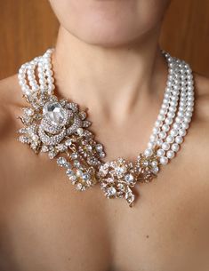 "Make a Statement at your wedding with this gorgeous four strand Pearl and Brooch Necklace! Focal of this statement necklace is a beautiful large brooch with a big Austrian Crystal teardrop crystal. If this is for your wedding you can make sure that nobody is going to forget this stunning piece. Necklace shown on model is 18 1/2 inches on the shortest strand and model is 5'2\". Brooch is 7 1/2 inches long (19.5 cm). Large crystal teardrop is 3 x 2 cm. It has a 2 inch extender at the back. This n Statement Necklace Wedding Guest, Statement Pearl Necklace, Statement Necklace Wedding, Jewelry Pearls, Arabic Dress, Necklace Art Deco, Bride Pictures, Pearl Statement Necklace, Art Deco Brooch