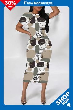 knowfashionstyle Multicolor Geometric Flowers Print O Neck Short Sleeve Casual Outing Bodycon T Shirt Midi Dress T Shirt Midi Dress, Green Evening Gowns, Geometric Flowers, Patterned Midi Dress, Nylon Dress, Multi Colored Flowers, Denim Jacket With Dress, Short Sleeve Bodycon Dress, Bodycon Floral Dress