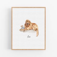 a watercolor painting of a golden retriever dog with a mouse in its mouth