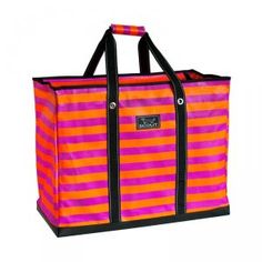 an orange and pink striped bag with black handles