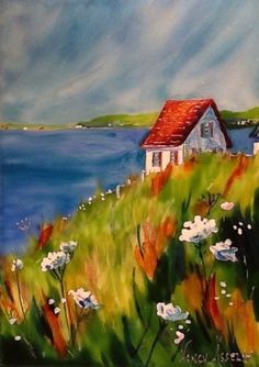 a painting of a house by the water with flowers in front of it and an orange roof