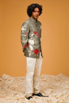 Grey bandhgala with flower print all over. - Aza Fashions Rohit Bal, Band Collar, Full Sleeves, Aza Fashion, Flower Print, Full Sleeve, Silk Printing, Flower Prints, Silk