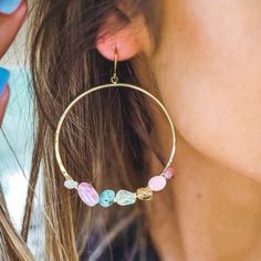 7 chakra gemstone gold hoop earrings Cotton Jewelry, Chakra Energy, Pink Jade, 7 Chakra, Hammered Gold, Mala Necklace, Green Jade, Gold Hoops, Gold Hoop